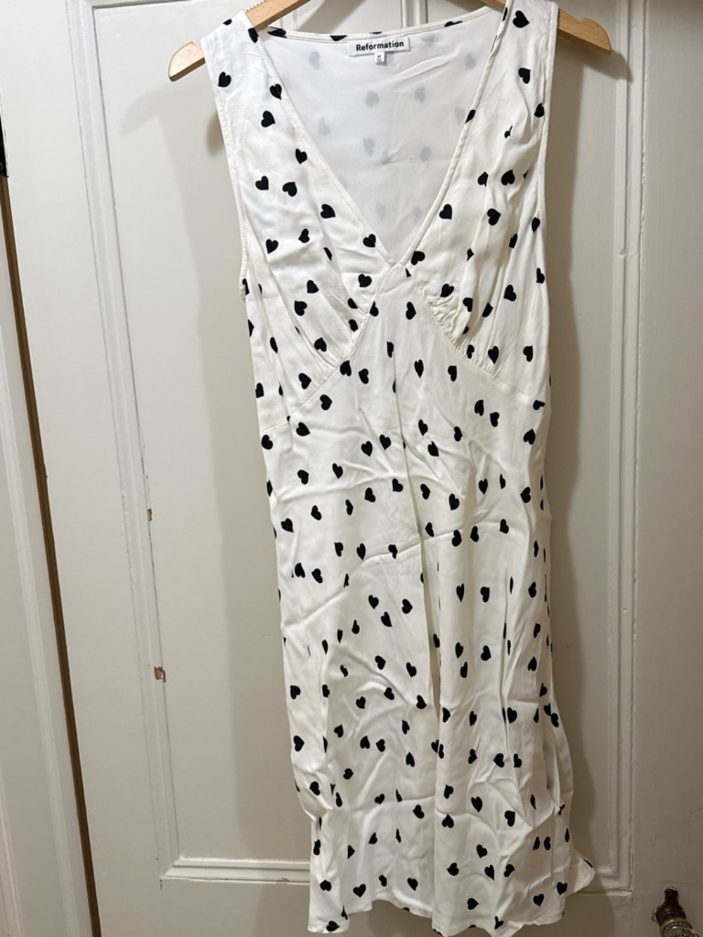 Reformation White Satin Slip Dress with Black Heart Print